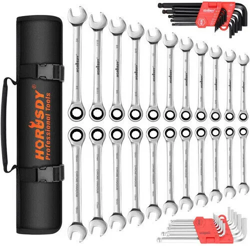 48Pc Spanner Set | Ratchet Wrench & Hex Key | Metric SAE Allen Key | W/T Rolling Pouch