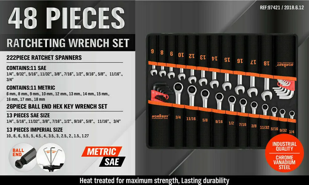 48Pc Spanner Set | Ratchet Wrench & Hex Key | Metric SAE Allen Key | W/T Rolling Pouch