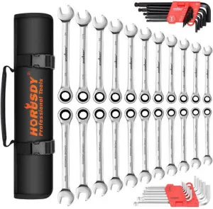 48Pc Spanner Set | Ratchet Wrench & Hex Key | Metric SAE Allen Key | W/T Rolling Pouch