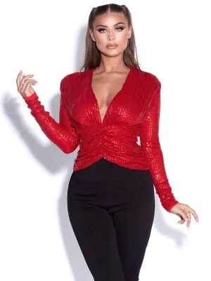 Tate Red Sequined Deep V Top