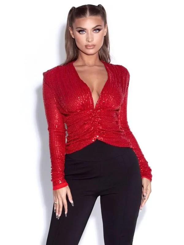 Tate Red Sequined Deep V Top