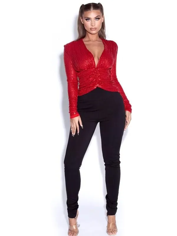 Tate Red Sequined Deep V Top
