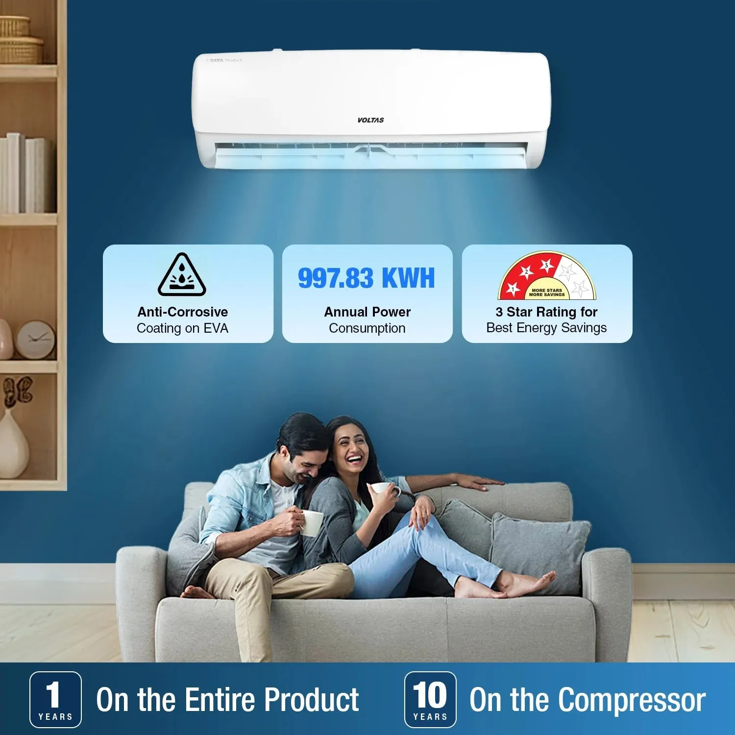 Voltas 1.5 Ton 3 Star Fixed Split AC Copper, 183 Vectra Elegant , White