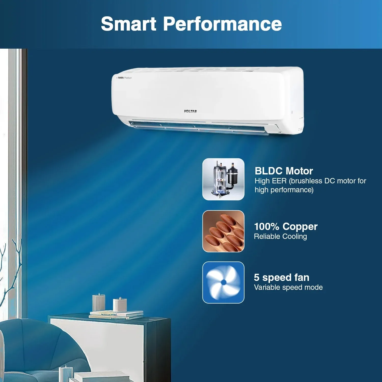 Voltas 1.5 Ton 3 Star Fixed Split AC Copper, 183 Vectra Elegant , White